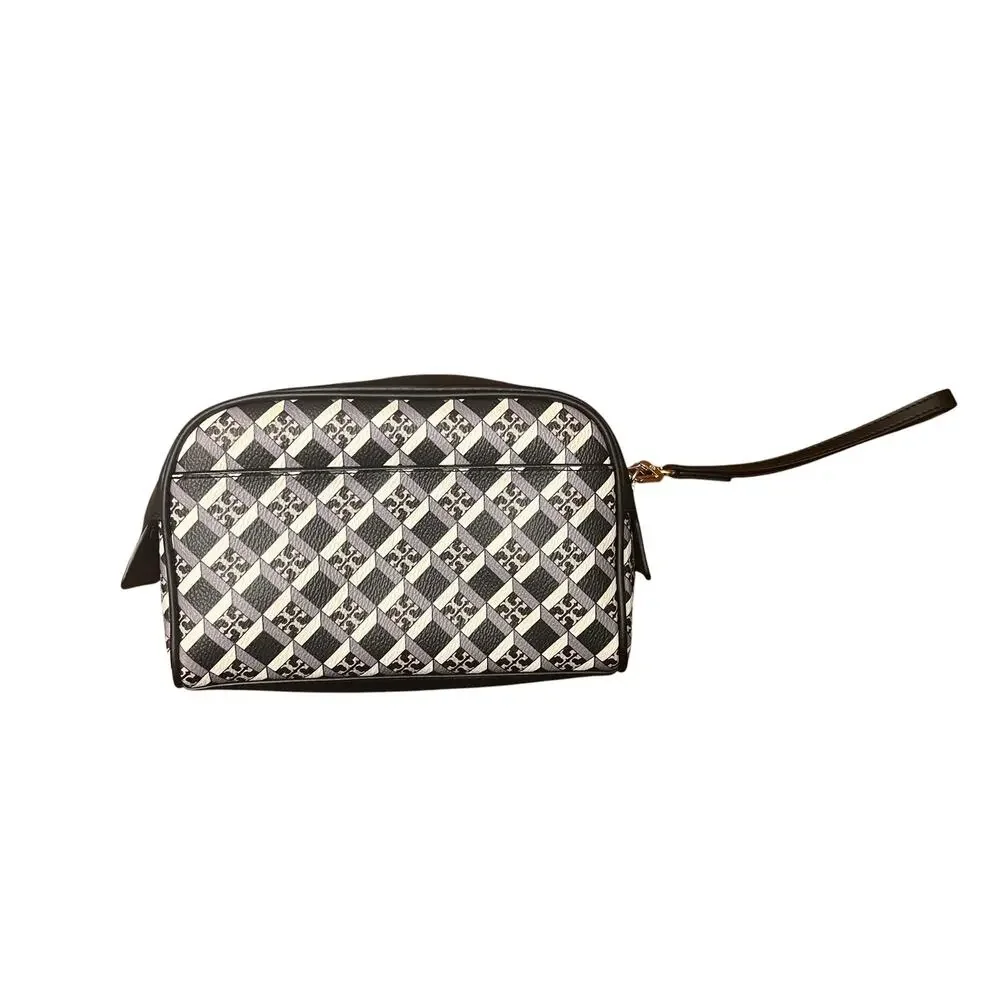 Tory Burch T Monogram Geometric Wristlet Pouch Bag Navy Blue Cream Logo Cosmetic